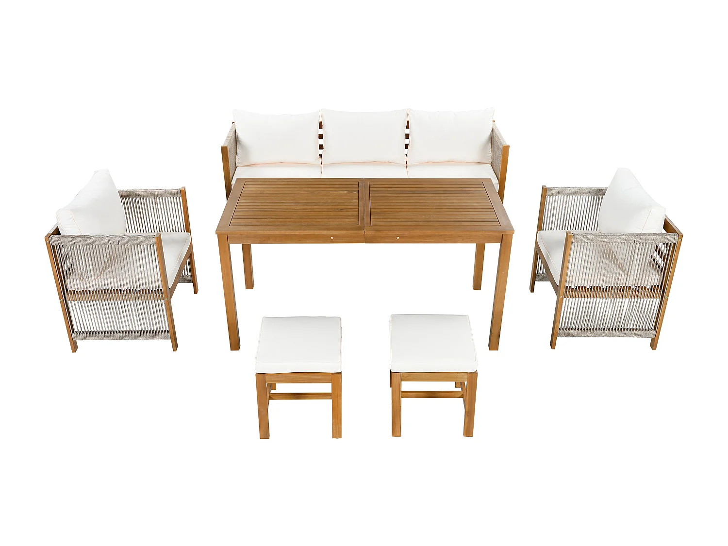 Salon de jardin en bois 7 places : canapé 3 places, 2 fauteuils et un table basse - Beige