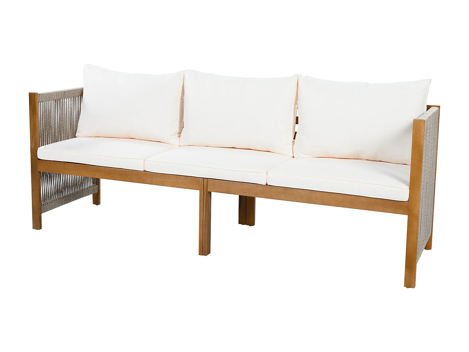 Salon de jardin en bois 7 places : canapé 3 places, 2 fauteuils et un table basse - Beige