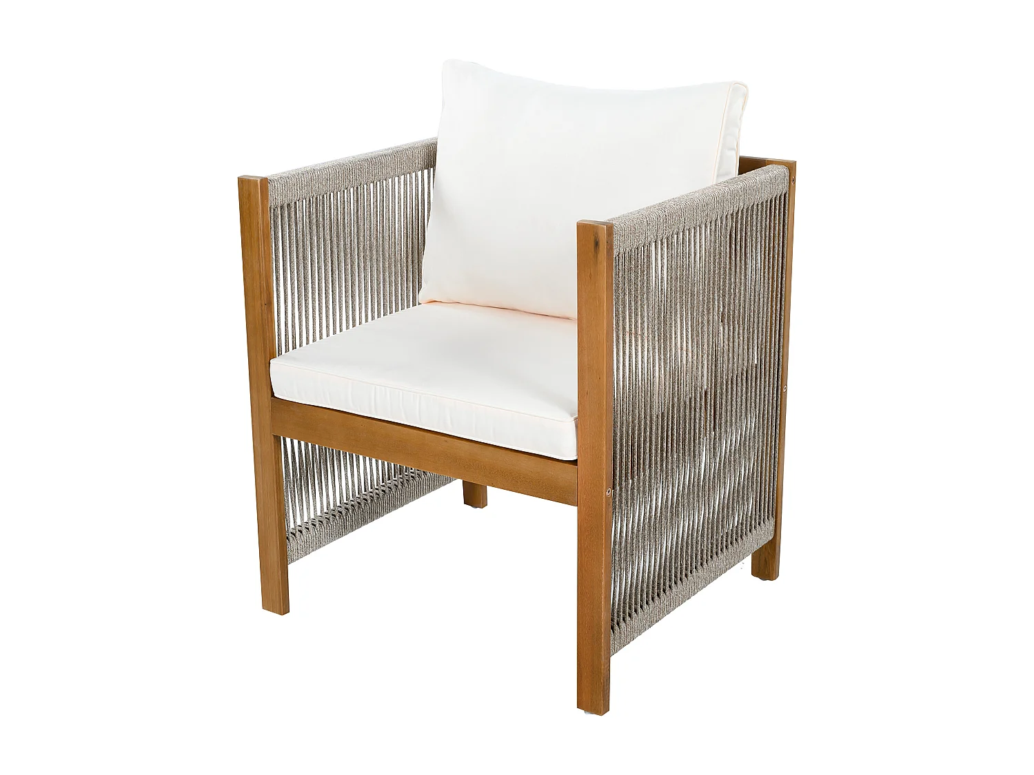Salon de jardin en bois 7 places : canapé 3 places, 2 fauteuils et un table basse - Beige