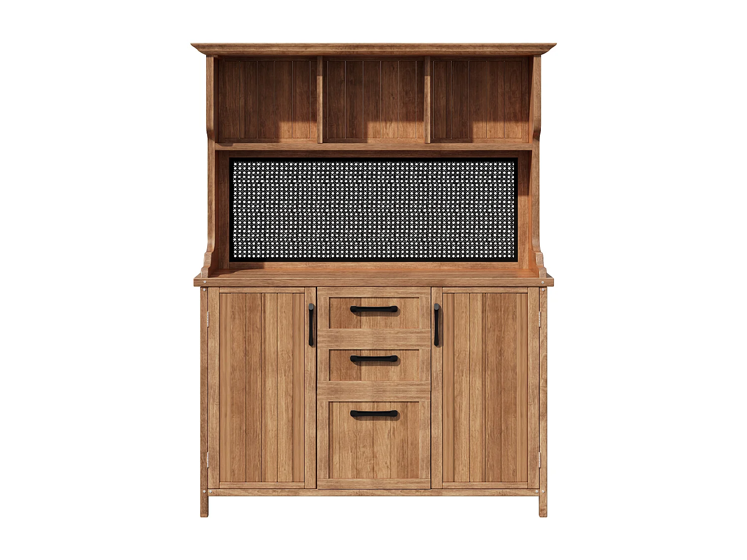 Houten tuinkast met 3 lades, geperforeerd metalen paneel - Houtkleur