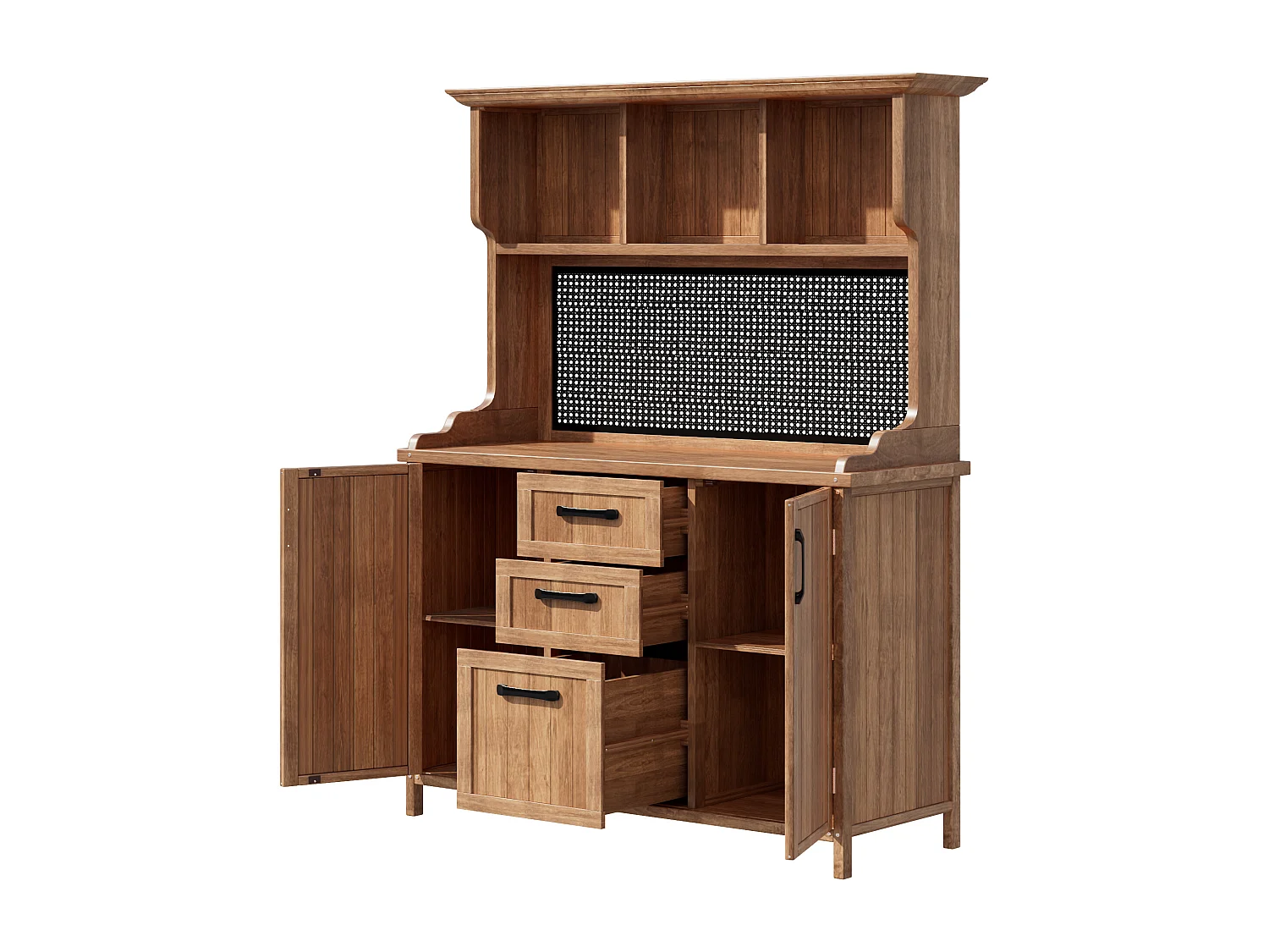 Houten tuinkast met 3 lades, geperforeerd metalen paneel - Houtkleur