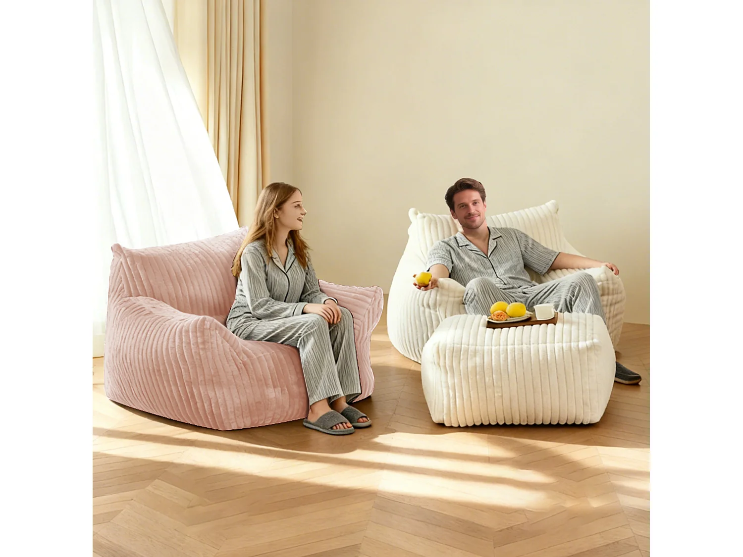 Fauteuil incurvé avec repose-pieds assorti - Tissu Flanelle rose