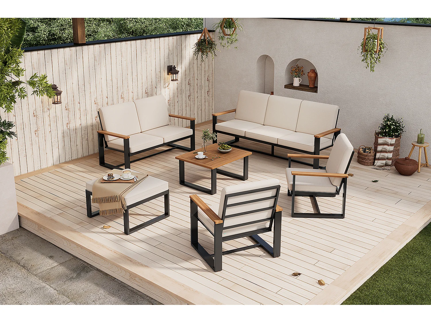 Trädgårdsmöbelset i stål: en 3-sits soffa, en 2-sits soffa, 2 fåtöljer och ett soffbord - Beige