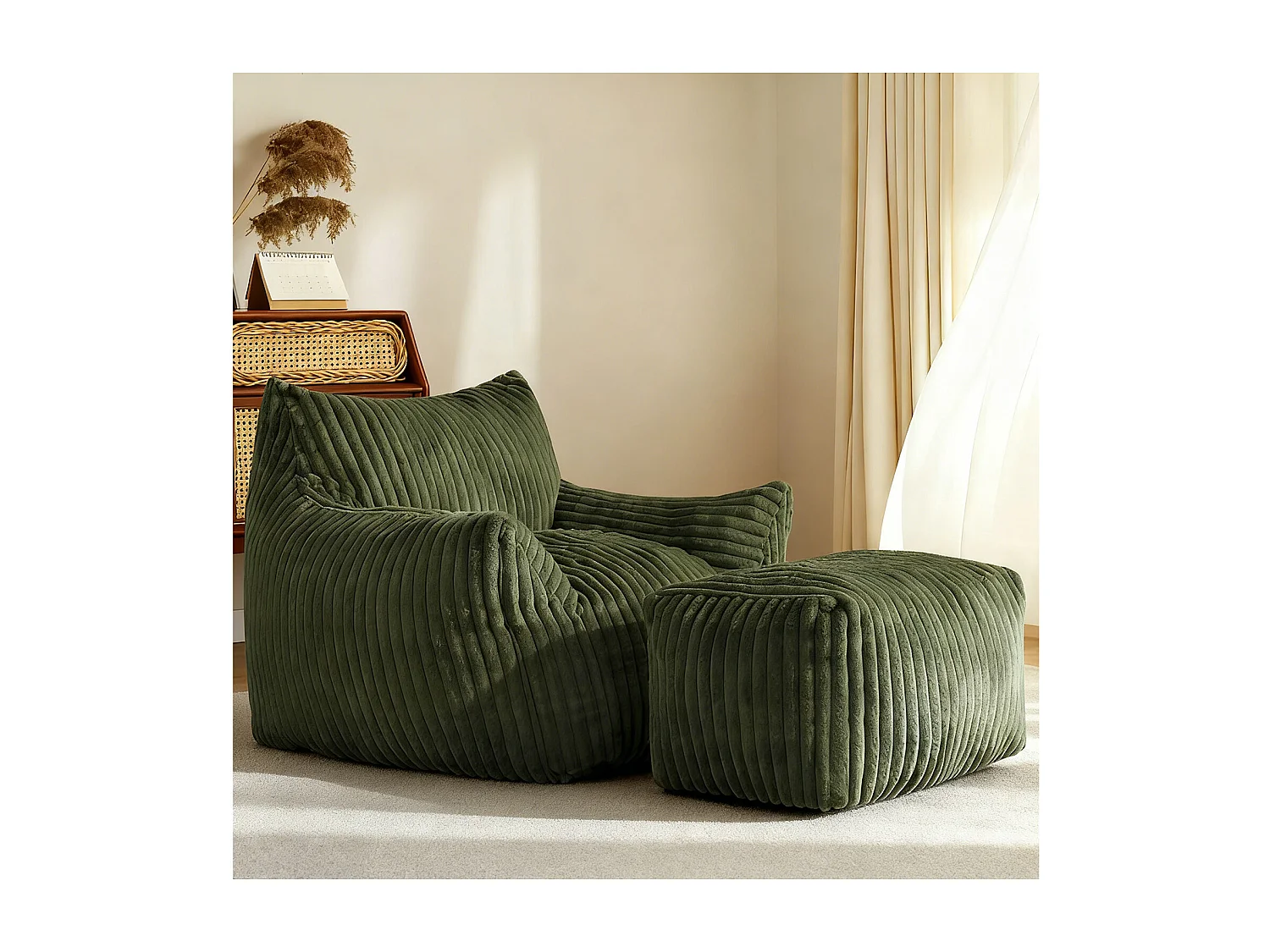 Fauteuil incurvé avec repose-pieds assorti - Tissu Flanelle vert