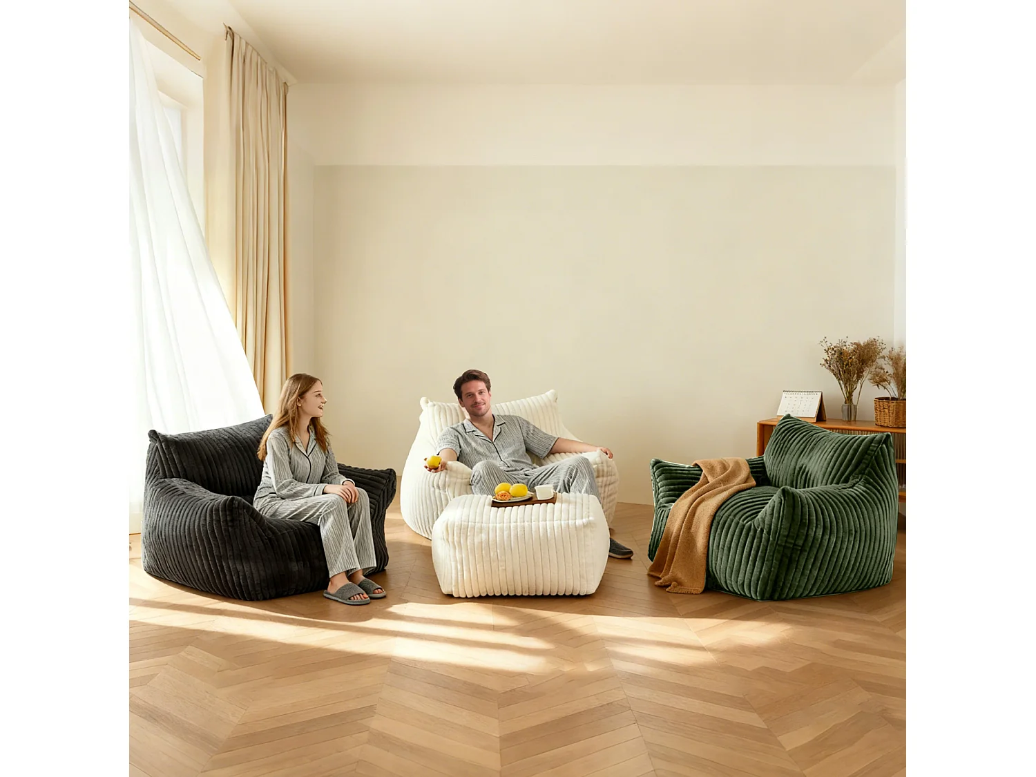 Fauteuil incurvé avec repose-pieds assorti - Tissu Flanelle vert