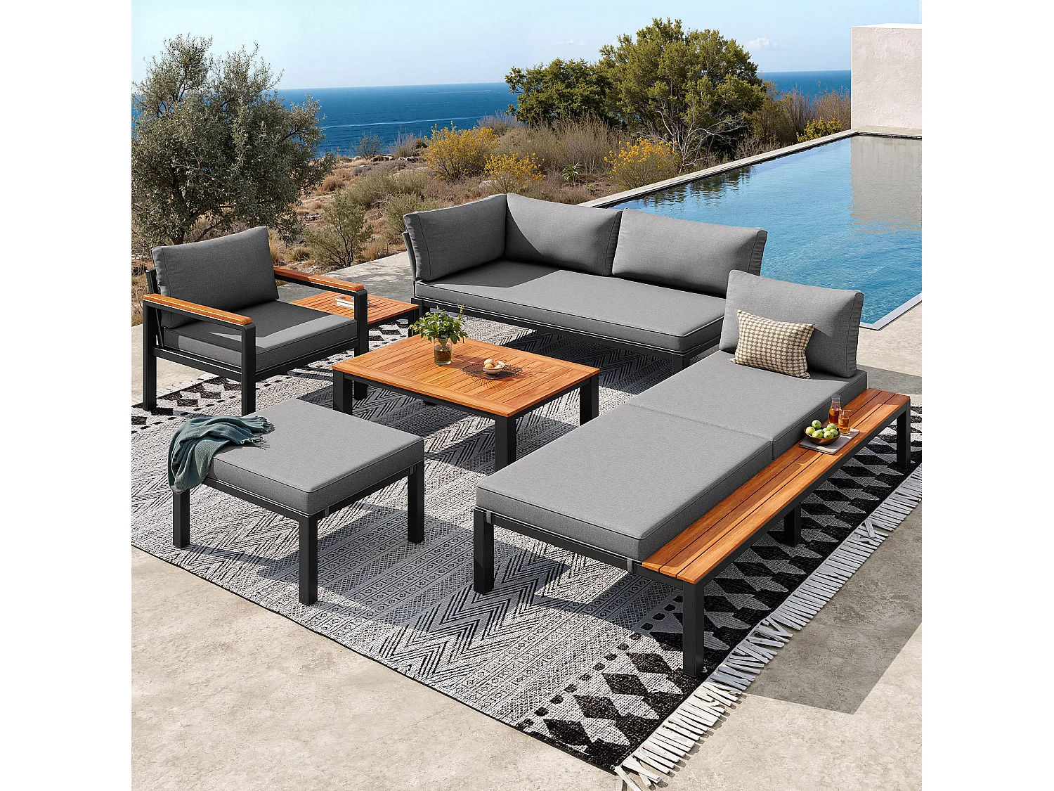 Salon de jardin modulaire 4-6 places en bois et métal avec 2 tables et coussins - Gris