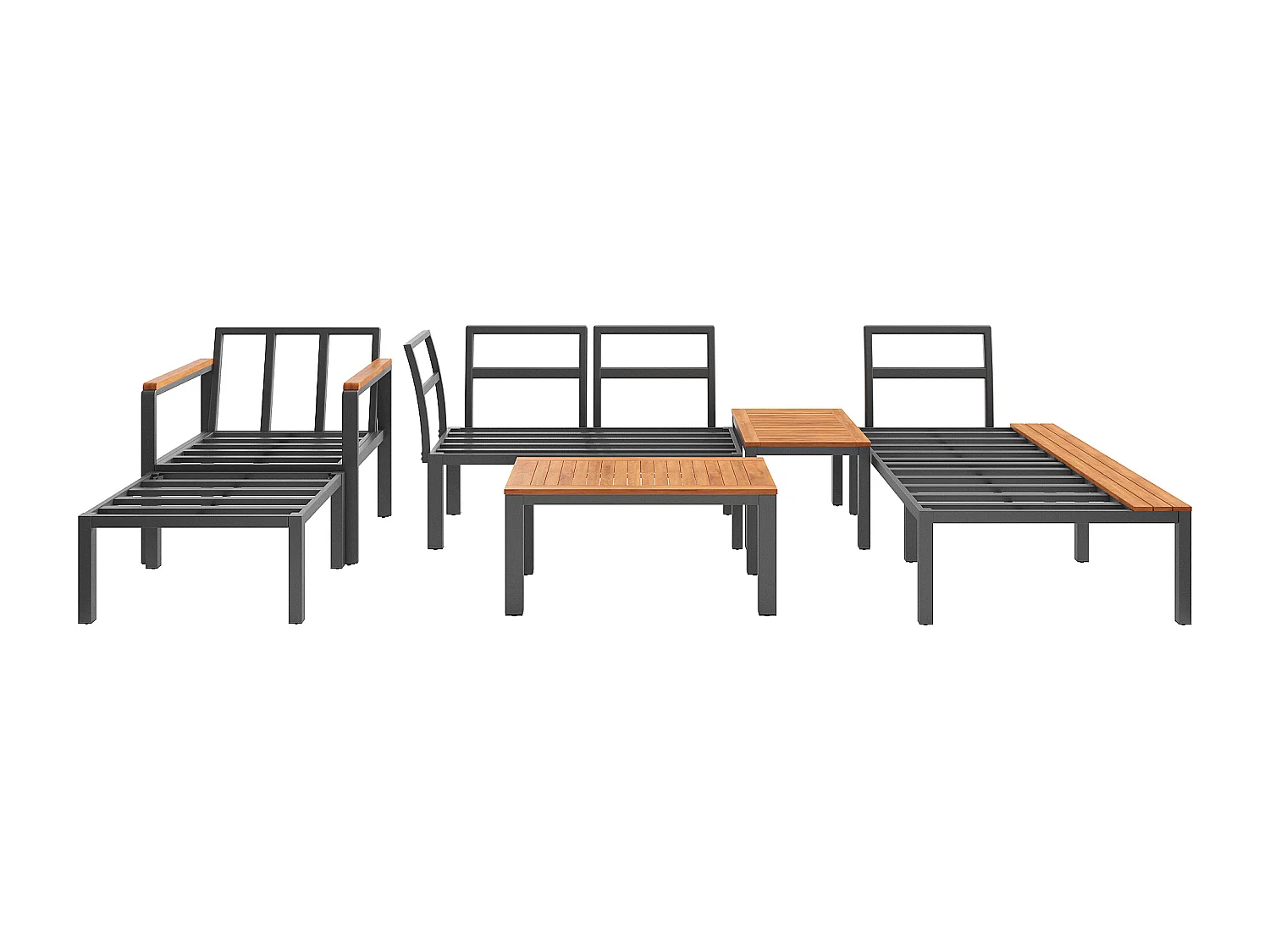Salon de jardin modulaire 4-6 places en bois et métal avec 2 tables et coussins - Gris