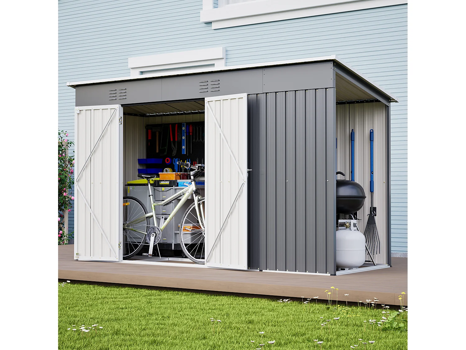 Abri de jardin en métal gris 3.33 m² avec double porte verrouillable