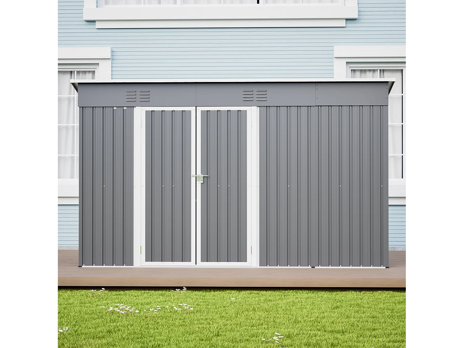 Abri de jardin en métal gris 3.33 m² avec double porte verrouillable