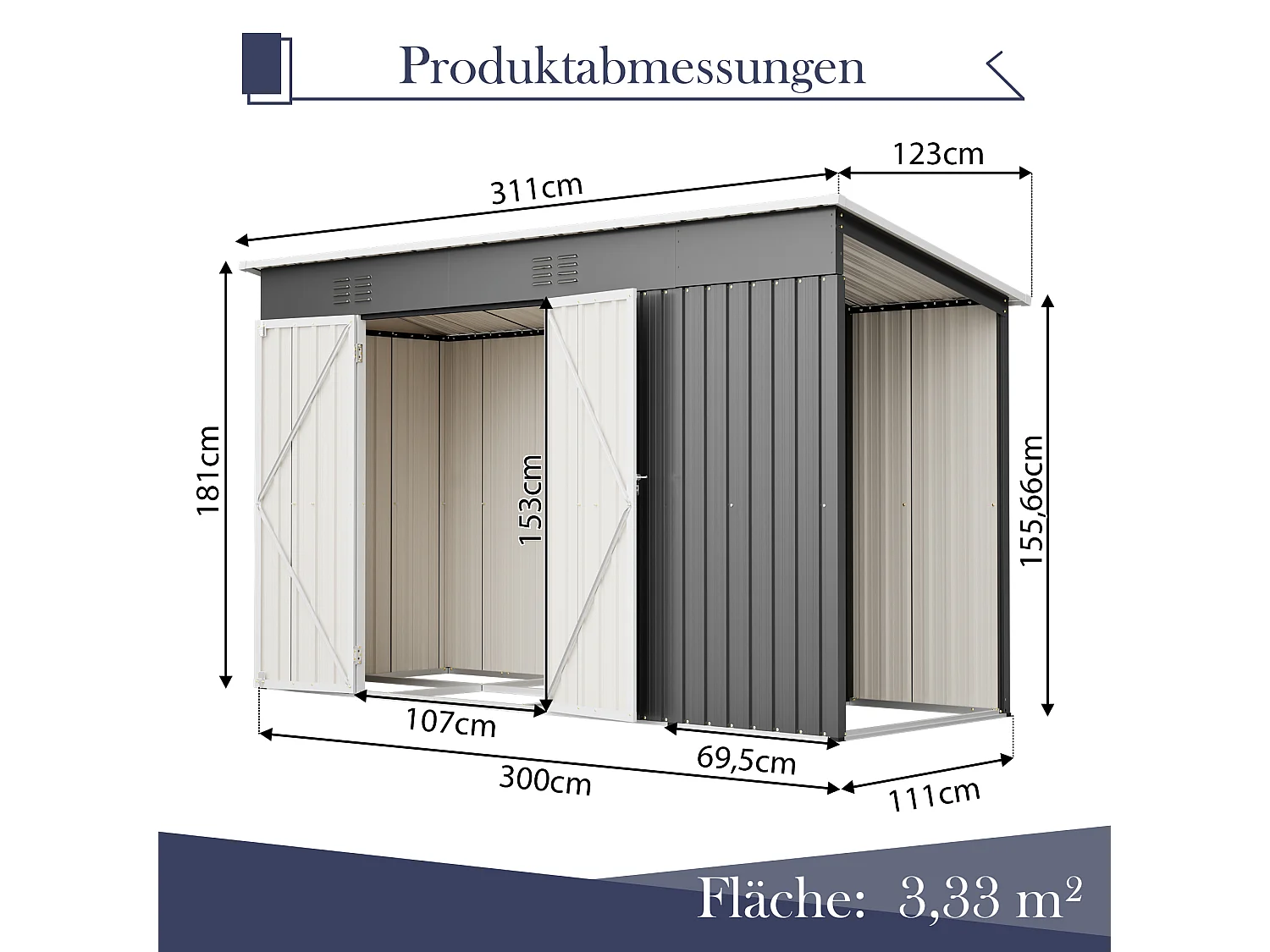 Abri de jardin en métal gris 3.33 m² avec double porte verrouillable