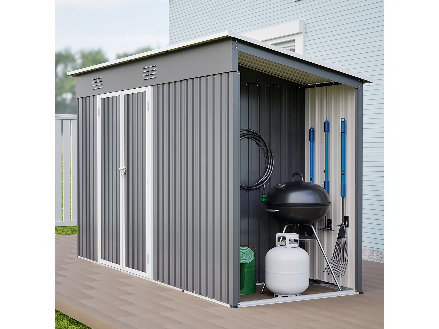 Abri de jardin en métal gris 3.33 m² avec double porte verrouillable