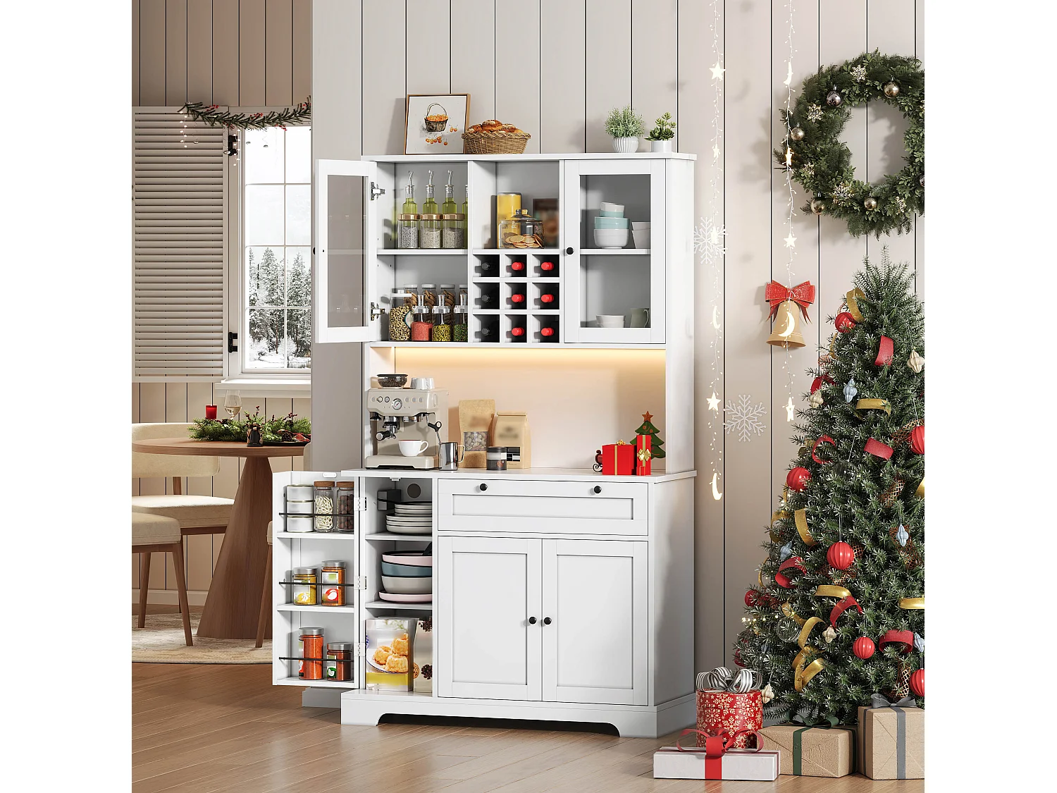 Buffet de cuisine haut 180 cm blanc avec 5 portes, tiroir, LED et prises USB