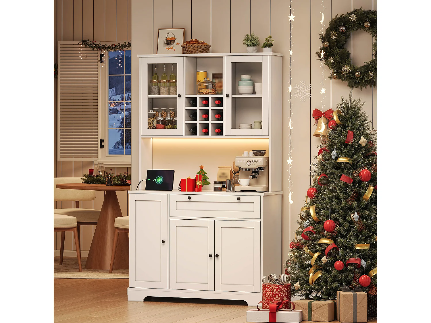 Buffet de cuisine haut 180 cm blanc avec 5 portes, tiroir, LED et prises USB