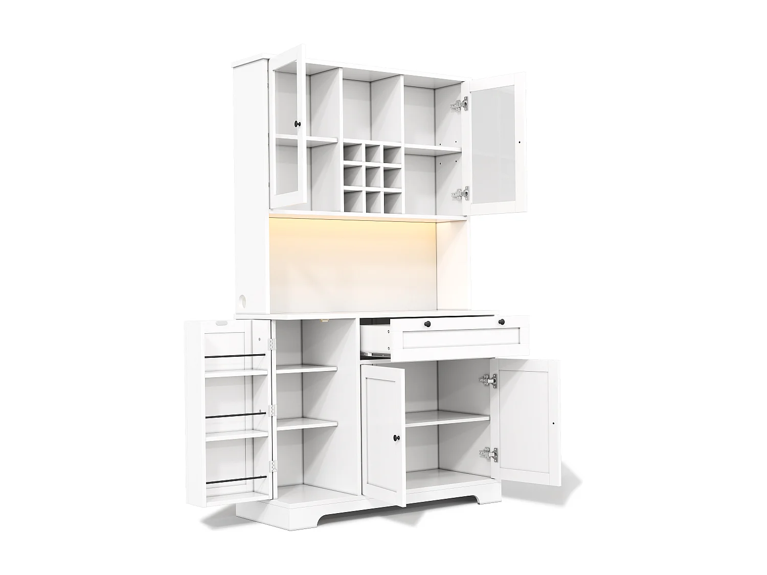 Buffet de cuisine haut 180 cm blanc avec 5 portes, tiroir, LED et prises USB