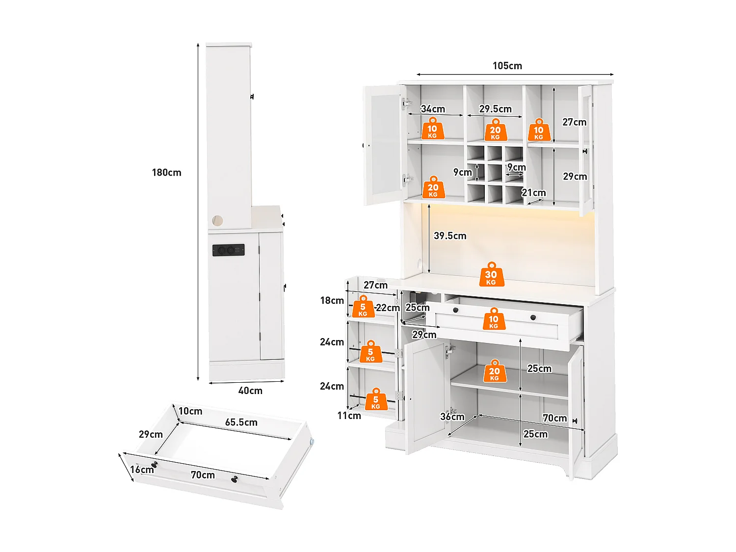 Buffet de cuisine haut 180 cm blanc avec 5 portes, tiroir, LED et prises USB