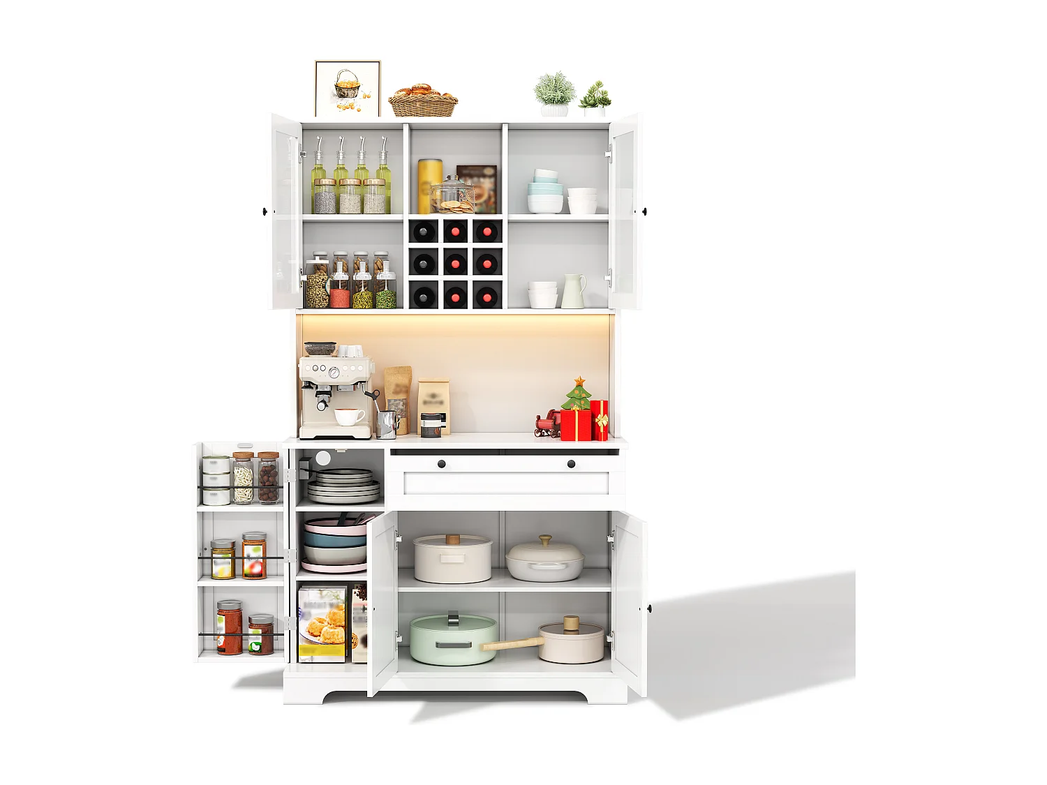 Buffet de cuisine haut 180 cm blanc avec 5 portes, tiroir, LED et prises USB