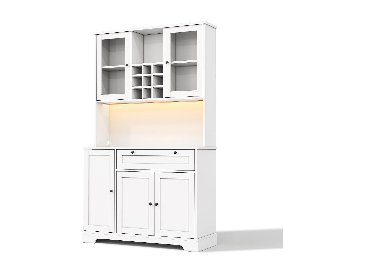 Buffet de cuisine haut 180 cm blanc avec 5 portes, tiroir, LED et prises USB