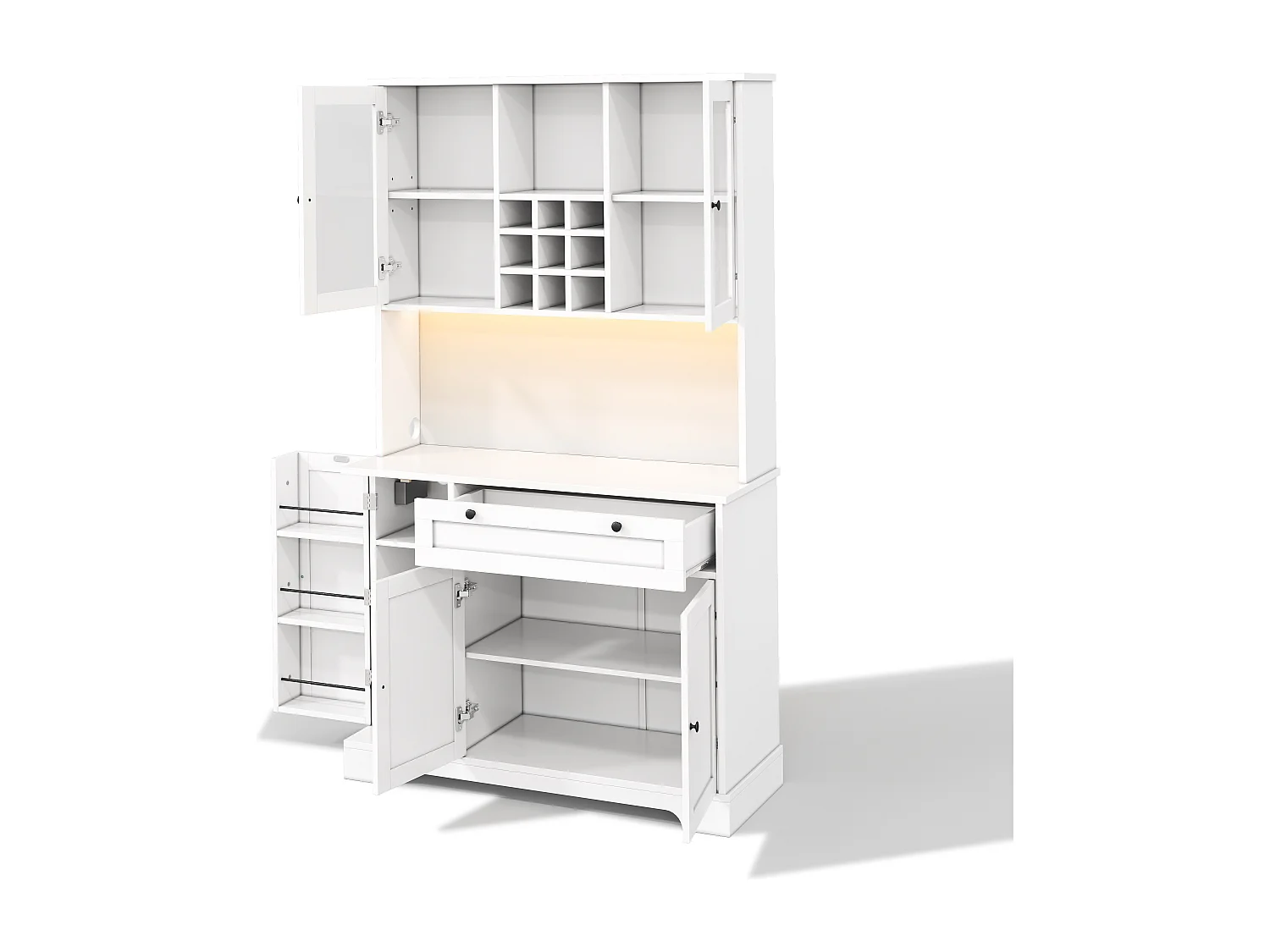 Buffet de cuisine haut 180 cm blanc avec 5 portes, tiroir, LED et prises USB