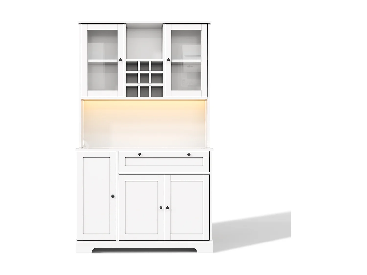 Buffet de cuisine haut 180 cm blanc avec 5 portes, tiroir, LED et prises USB