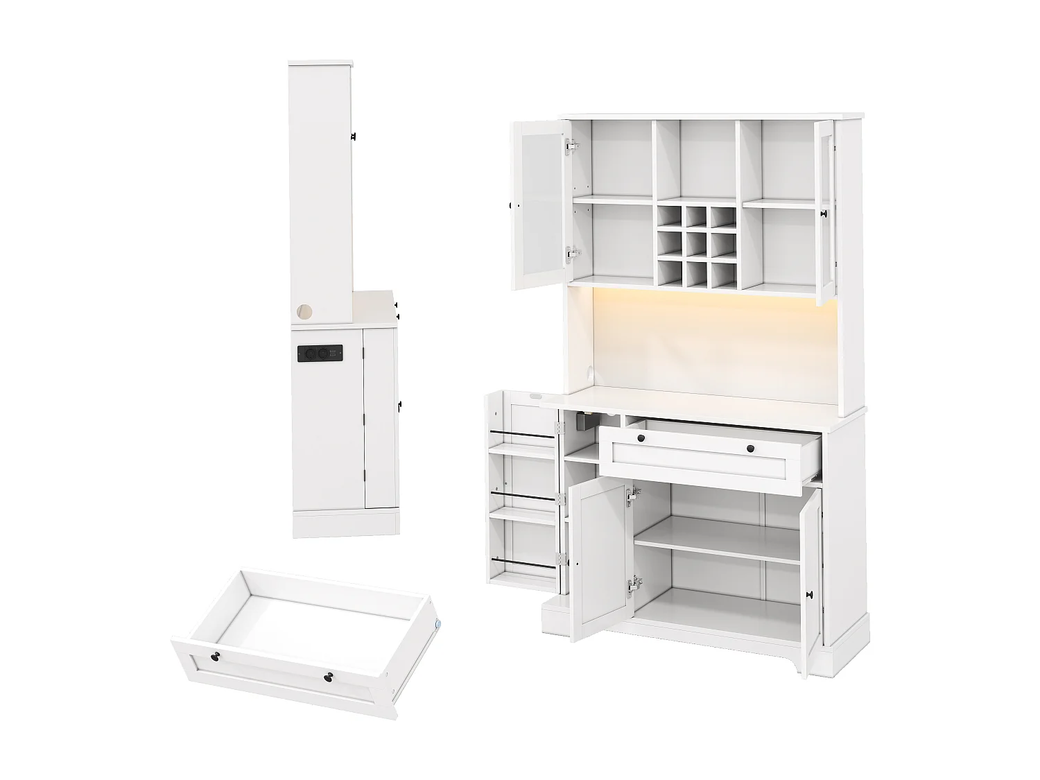 Buffet de cuisine haut 180 cm blanc avec 5 portes, tiroir, LED et prises USB