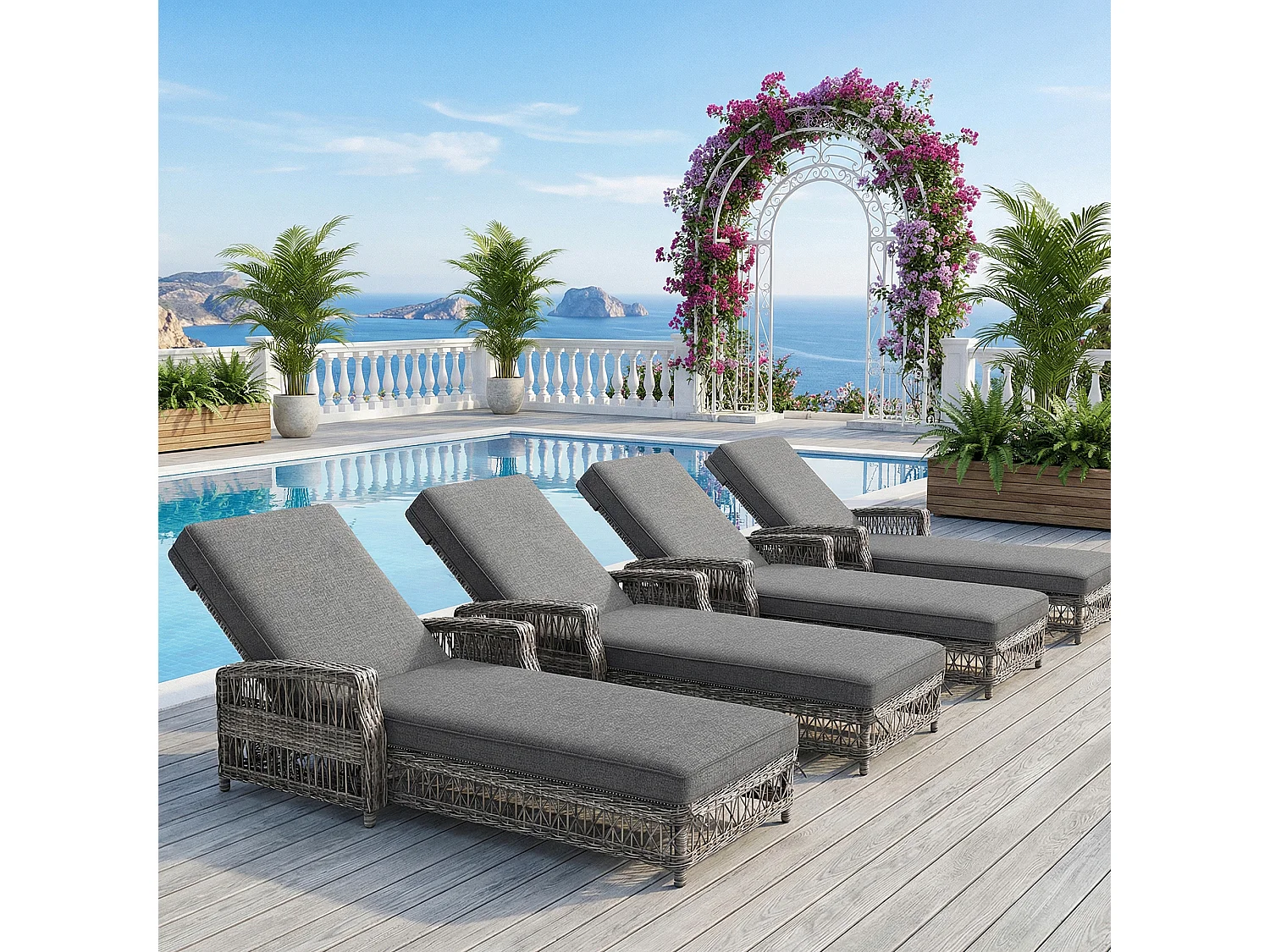 Set di 4 lettini prendisole in rattan con schienale regolabile e cuscino removibile - Grigio