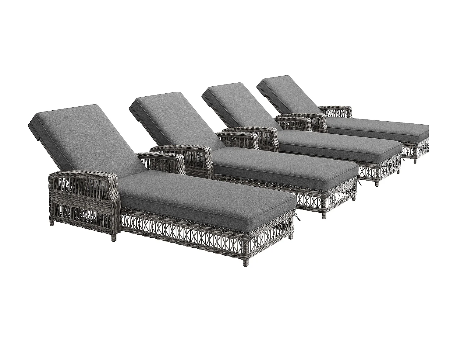 Set di 4 lettini prendisole in rattan con schienale regolabile e cuscino removibile - Grigio