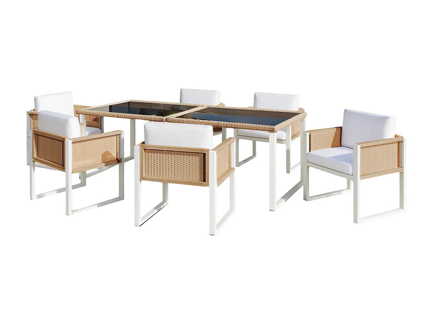 Salle à manger de jardin en polyrotin : la table L.170 cm + 6 chaises - Blanc