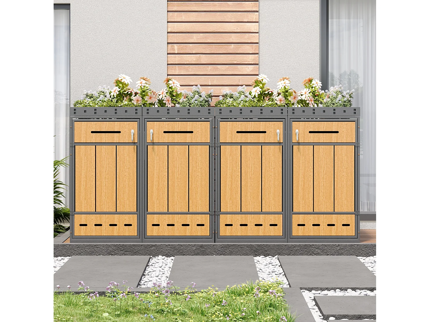 Viervoudige bakkenbehuizing 120–240 L met plantenbak - Grijs staal met houtlook