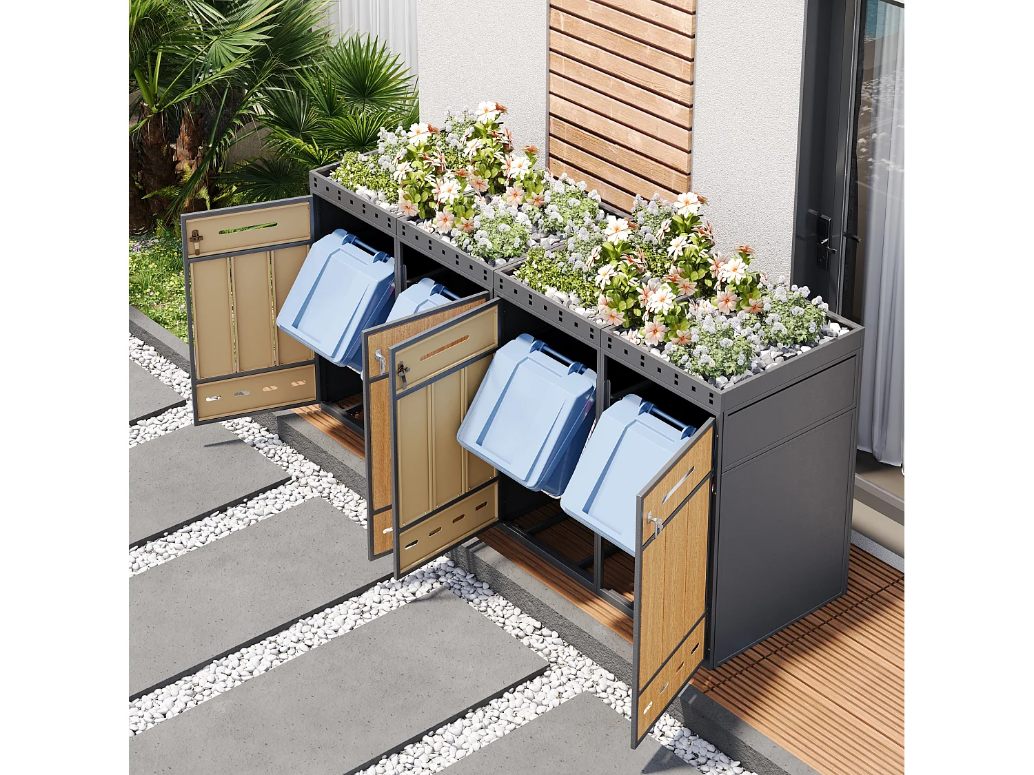 Viervoudige bakkenbehuizing 120–240 L met plantenbak - Grijs staal met houtlook
