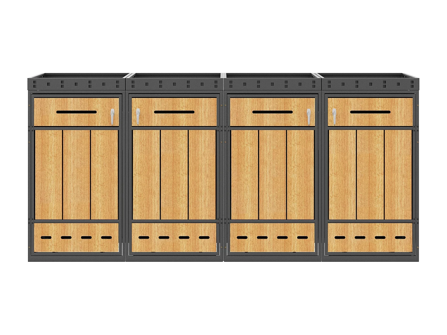 Viervoudige bakkenbehuizing 120–240 L met plantenbak - Grijs staal met houtlook