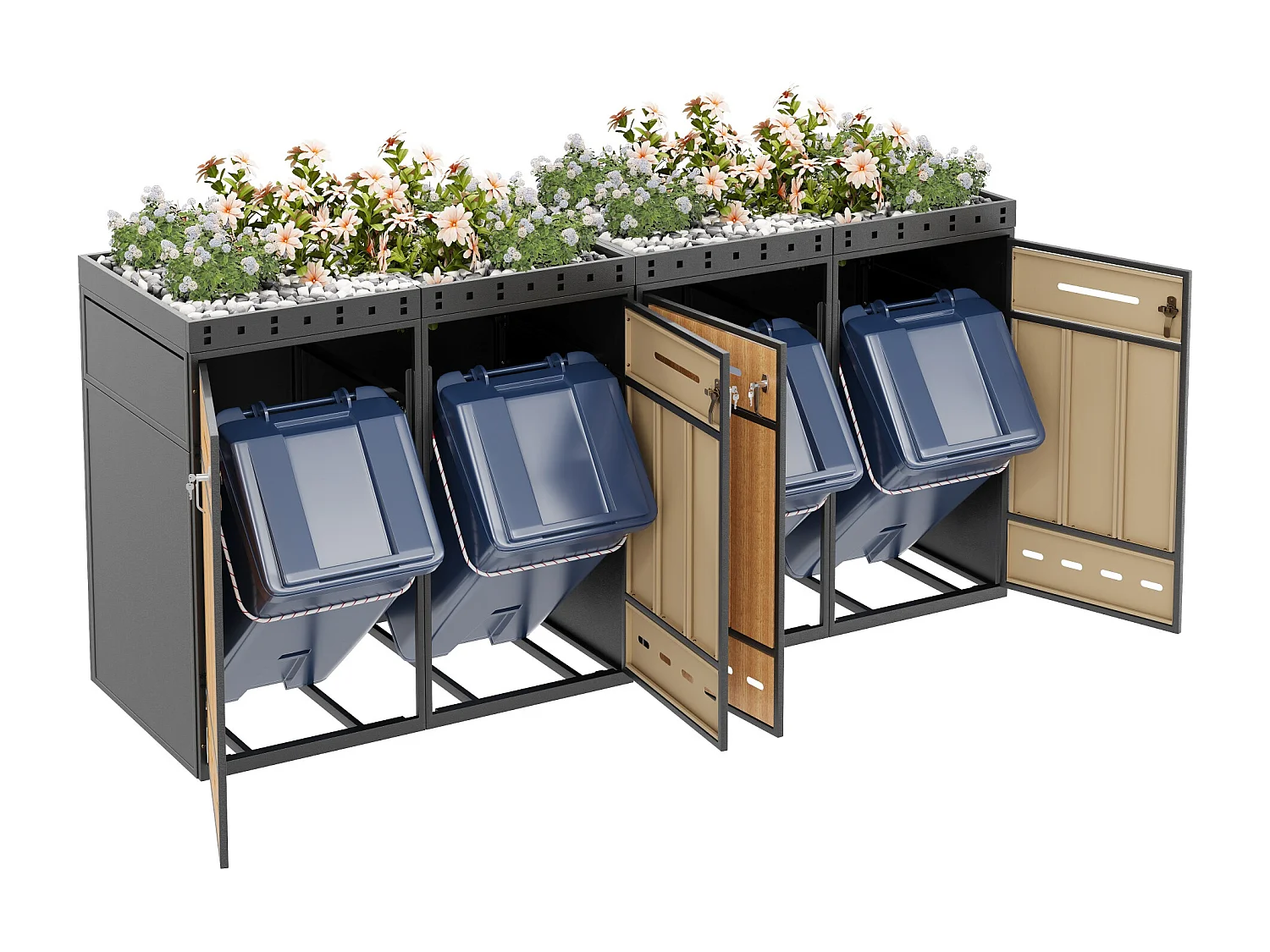 Viervoudige bakkenbehuizing 120–240 L met plantenbak - Grijs staal met houtlook