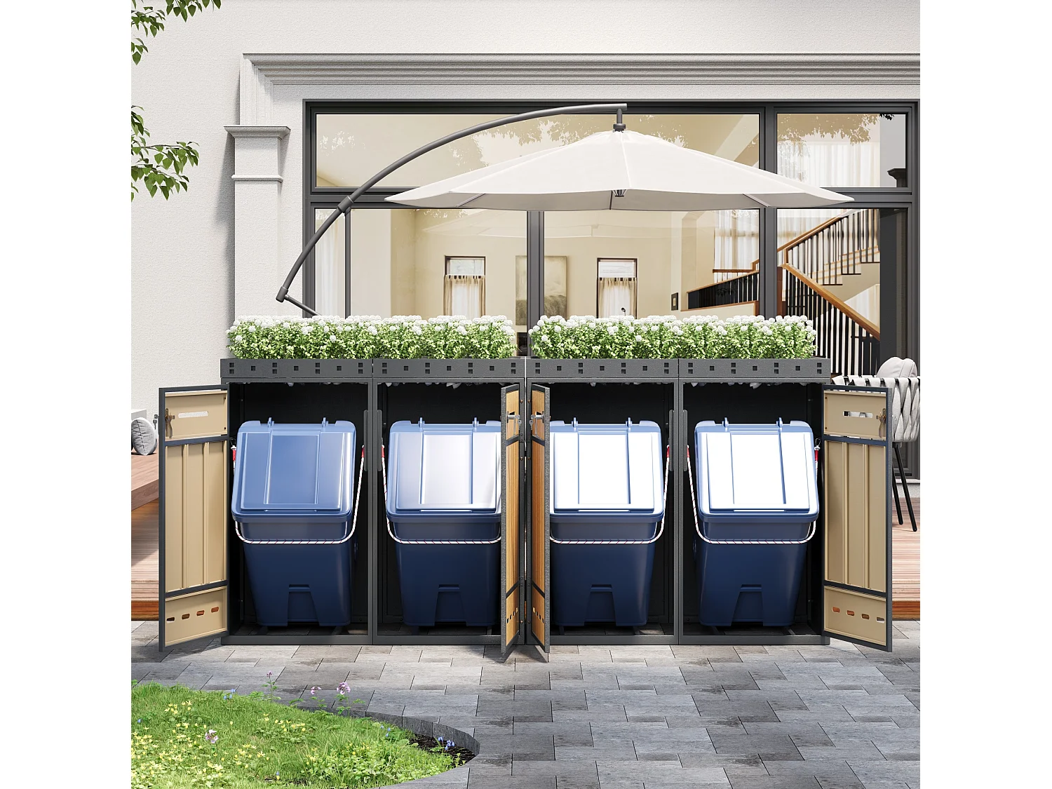Viervoudige bakkenbehuizing 120–240 L met plantenbak - Grijs staal met houtlook