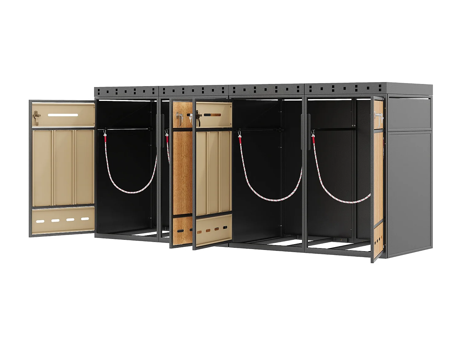 Viervoudige bakkenbehuizing 120–240 L met plantenbak - Grijs staal met houtlook