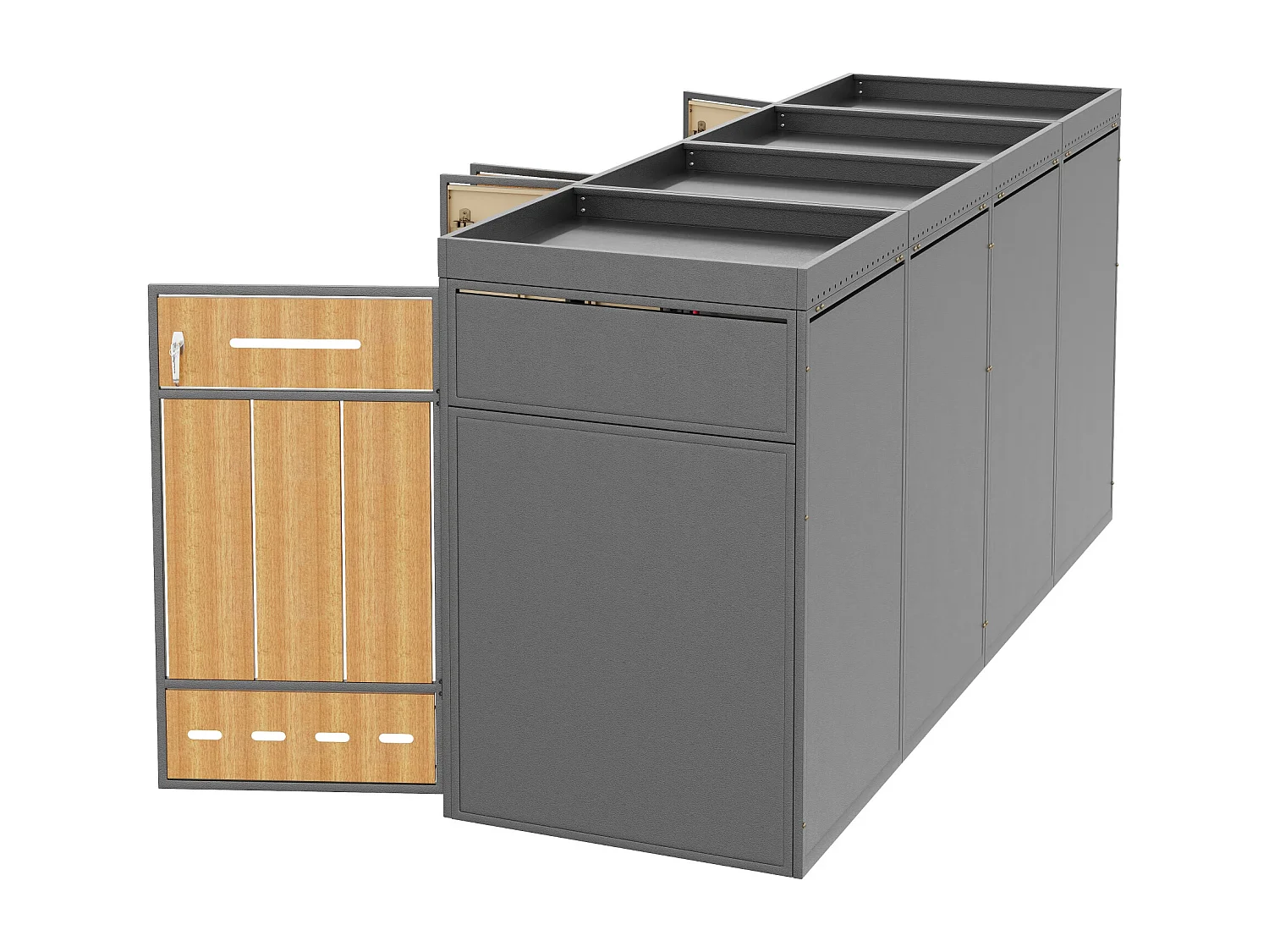 Viervoudige bakkenbehuizing 120–240 L met plantenbak - Grijs staal met houtlook