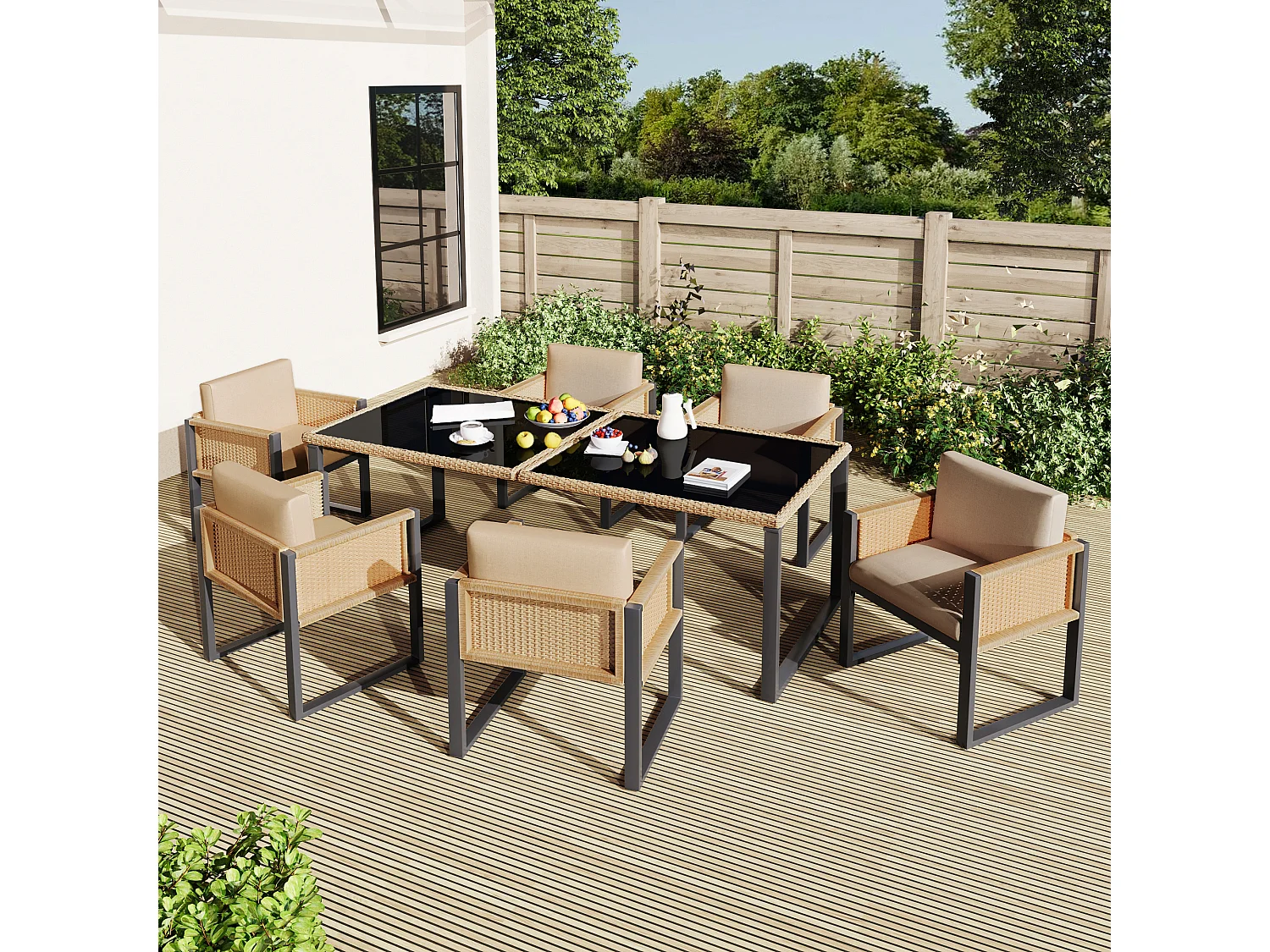 Salle à manger de jardin en polyrotin : la table L.170 cm + 6 chaises - Noir