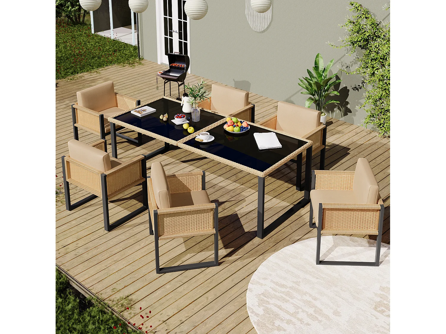 Salle à manger de jardin en polyrotin : la table L.170 cm + 6 chaises - Noir