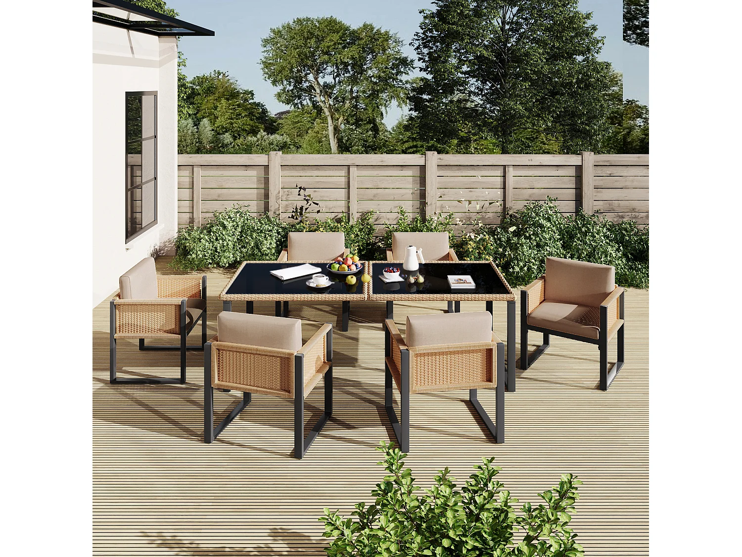 Salle à manger de jardin en polyrotin : la table L.170 cm + 6 chaises - Noir