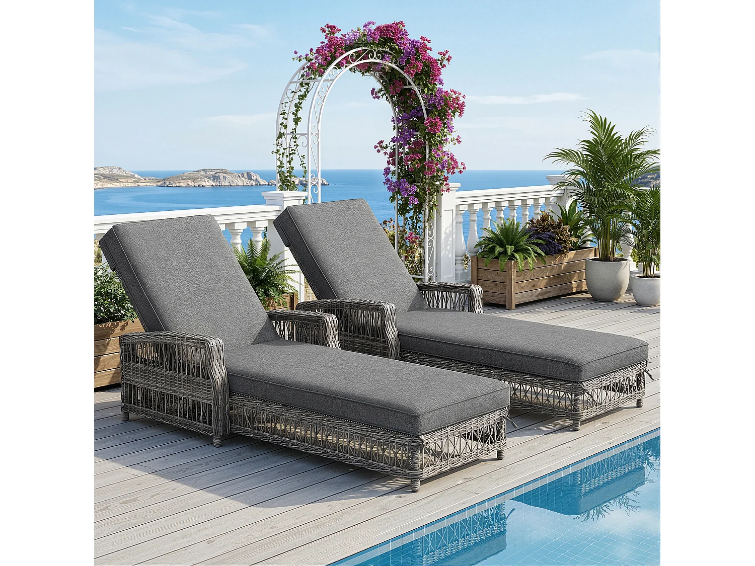 Set di 2 lettini prendisole in rattan con schienale regolabile e cuscino removibile - Grigio