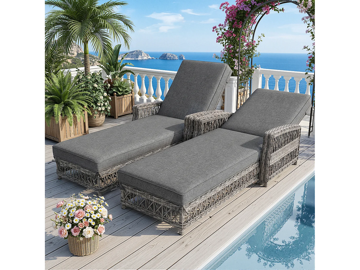 Set di 2 lettini prendisole in rattan con schienale regolabile e cuscino removibile - Grigio