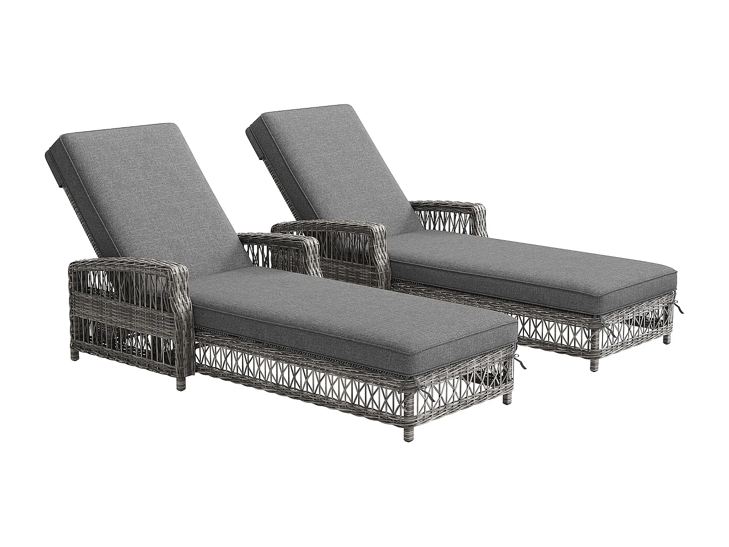 Set di 2 lettini prendisole in rattan con schienale regolabile e cuscino removibile - Grigio