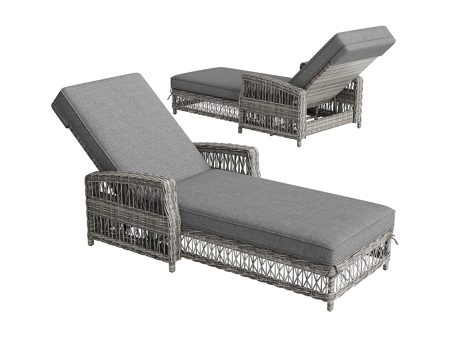 Set di 2 lettini prendisole in rattan con schienale regolabile e cuscino removibile - Grigio