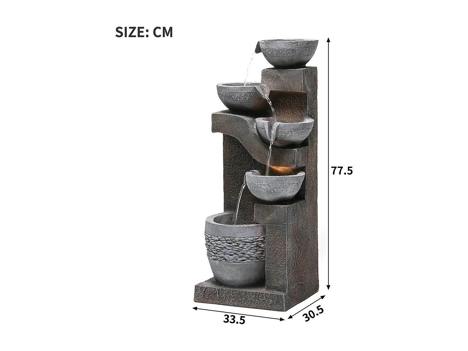 Fonte de resina para exterior com LED - H 77,5 - Aparência de pedra cinzenta