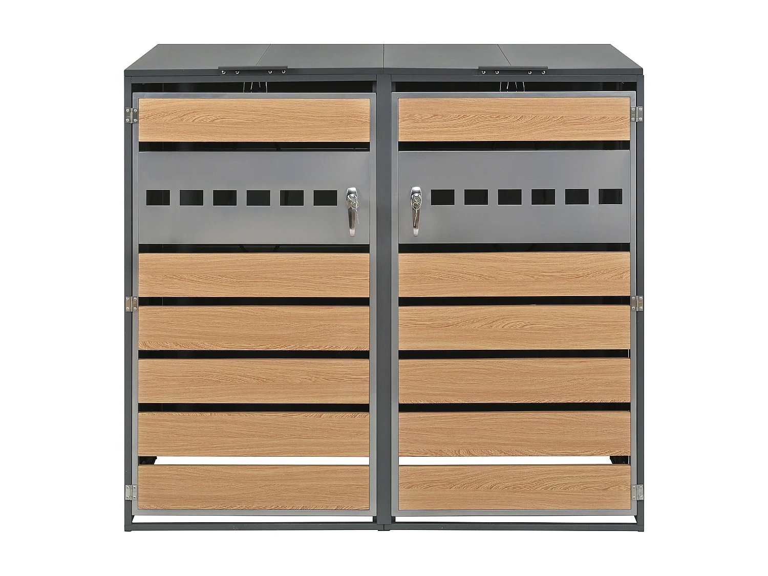 Grijze en houten afvalbak met twee compartimenten en afsluitbaar scharnierend deksel.