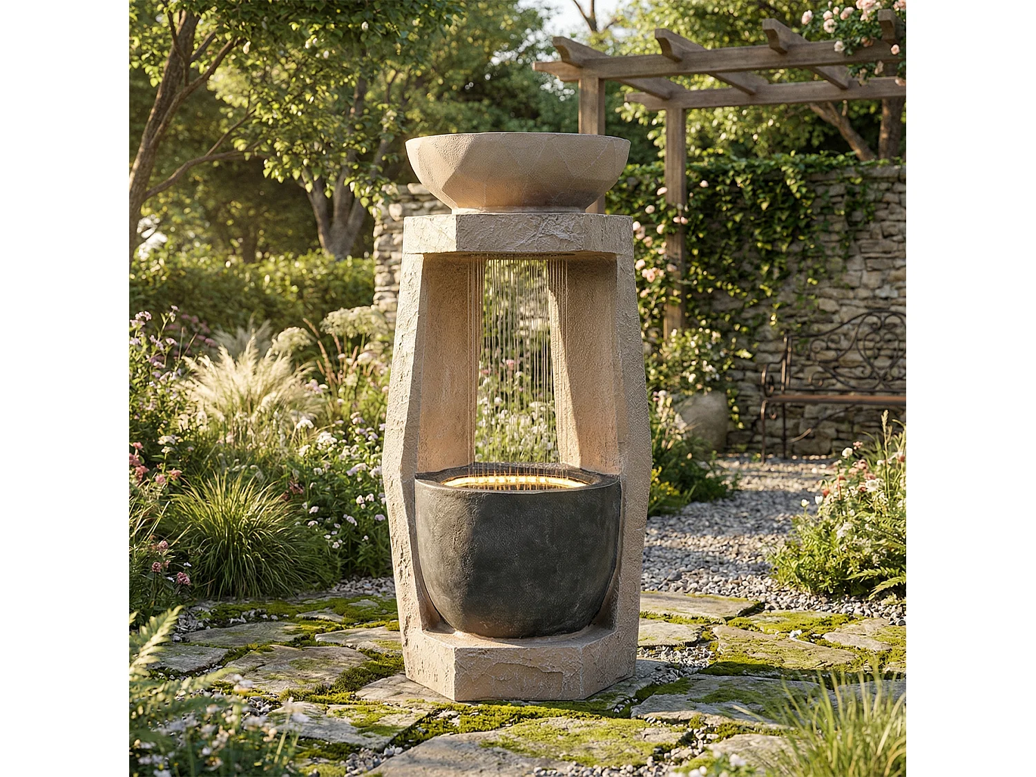 Buitenfontein van beige kunsthars met ledverlichting, met een natuursteenlook.