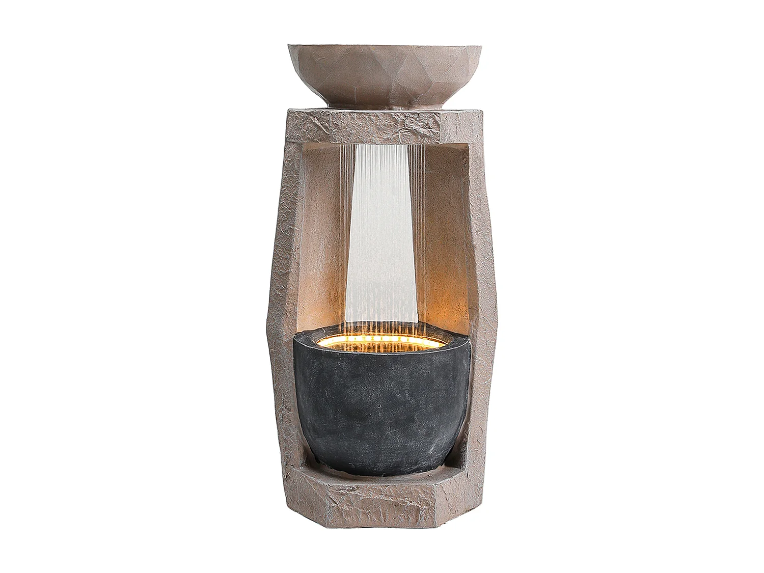 Buitenfontein van beige kunsthars met ledverlichting, met een natuursteenlook.