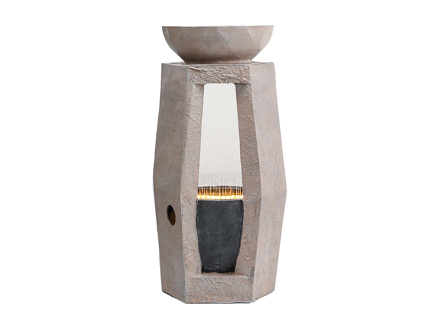 Buitenfontein van beige kunsthars met ledverlichting, met een natuursteenlook.