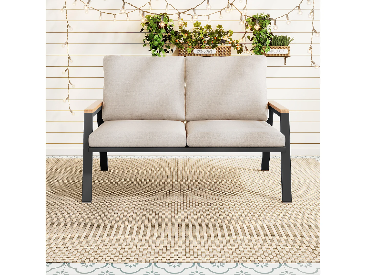 Canapé de jardin 2 places en métal avec coussins - Beige et noir