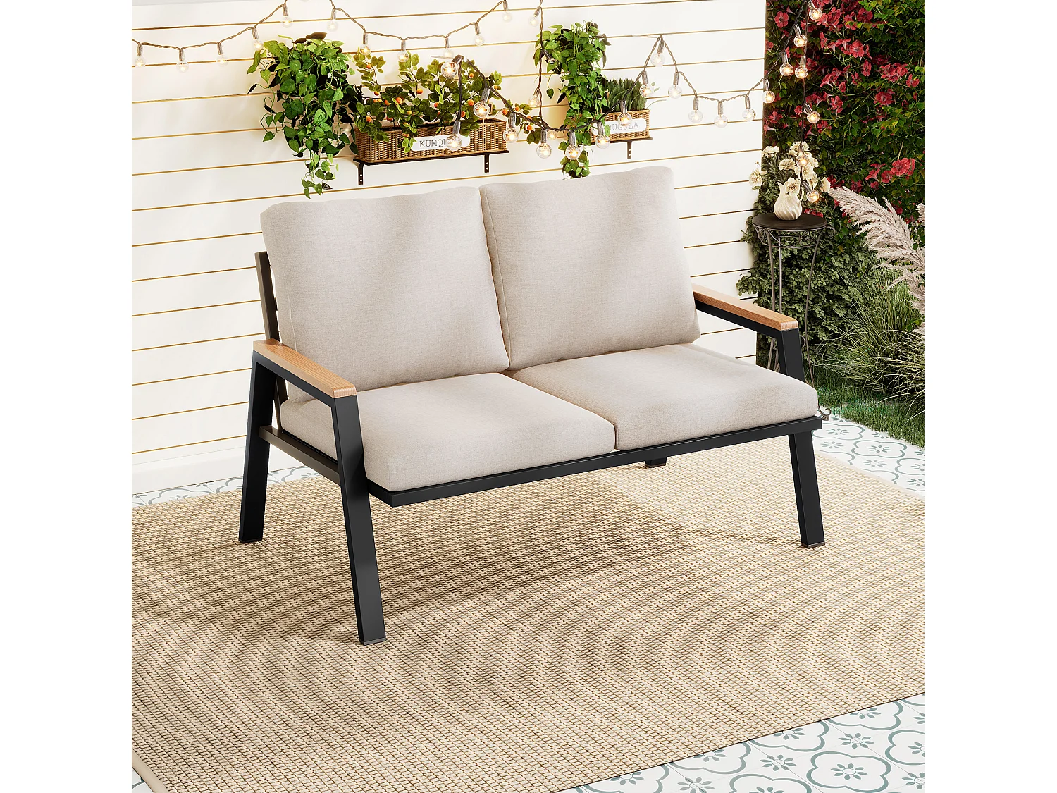 Canapé de jardin 2 places en métal avec coussins - Beige et noir