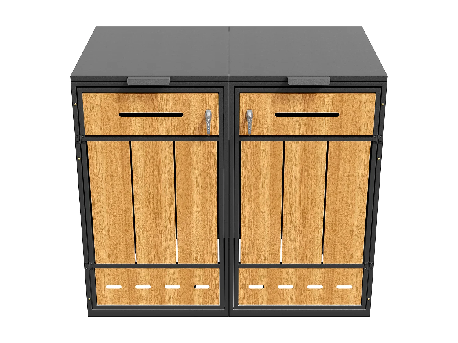 Abri Cache-poubelle 2 bacs en acier gris et effet bois avec 2 portes