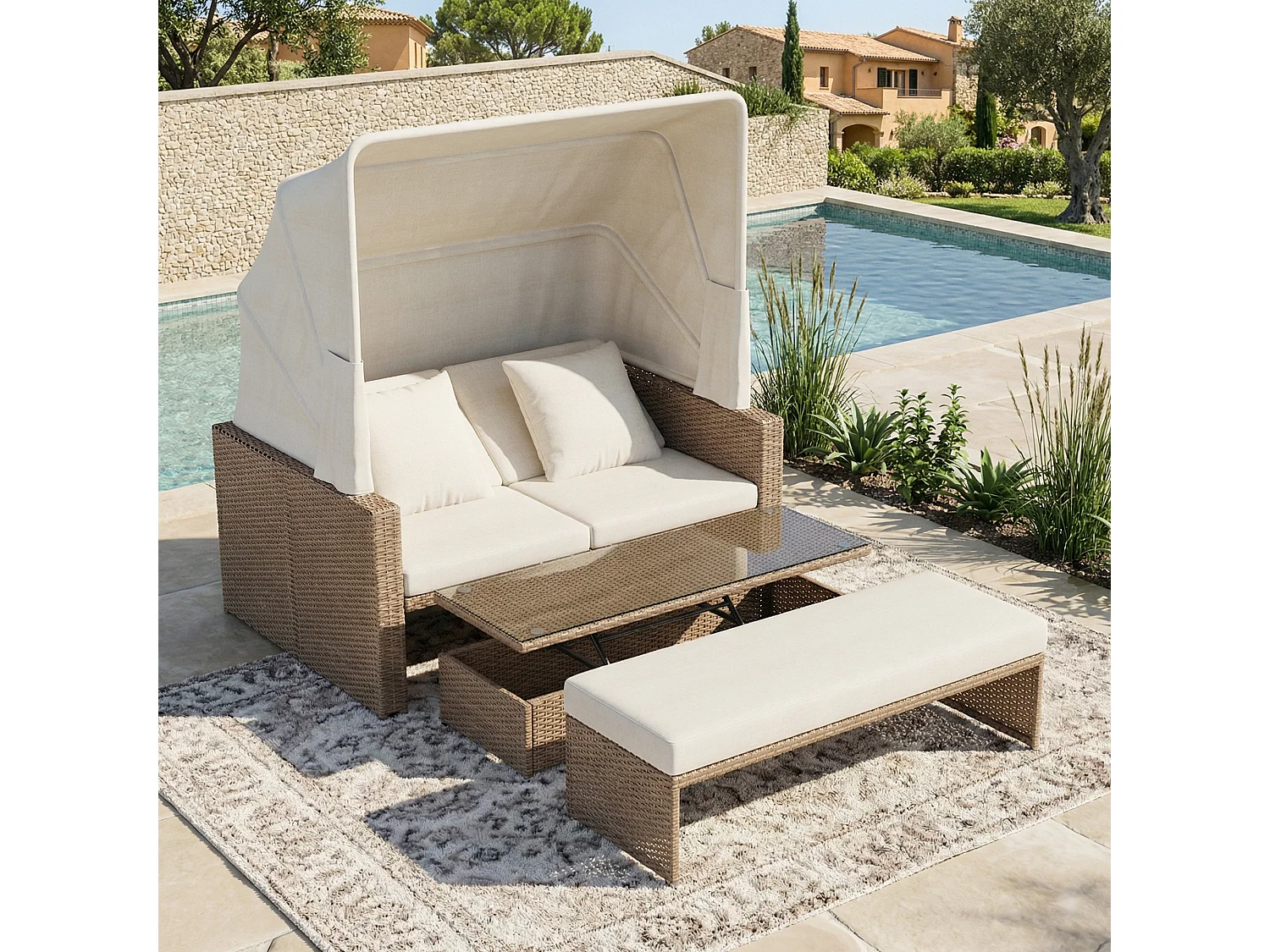 Salon de jardin en polyrotin 2-4 places kaki avec table réglable et store amovible